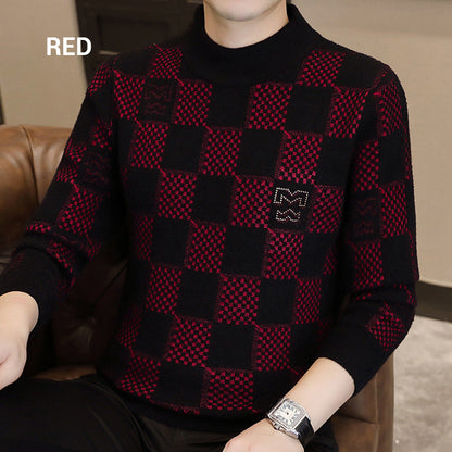 🔥New Year Promotion🔥Men‘s Checkered Printed Mock Neck Thickened Pullover Sweater