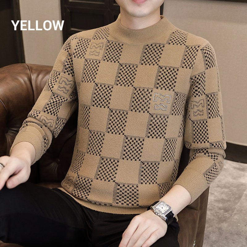 🔥New Year Promotion🔥Men‘s Checkered Printed Mock Neck Thickened Pullover Sweater