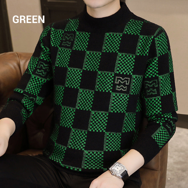 🔥New Year Promotion🔥Men‘s Checkered Printed Mock Neck Thickened Pullover Sweater