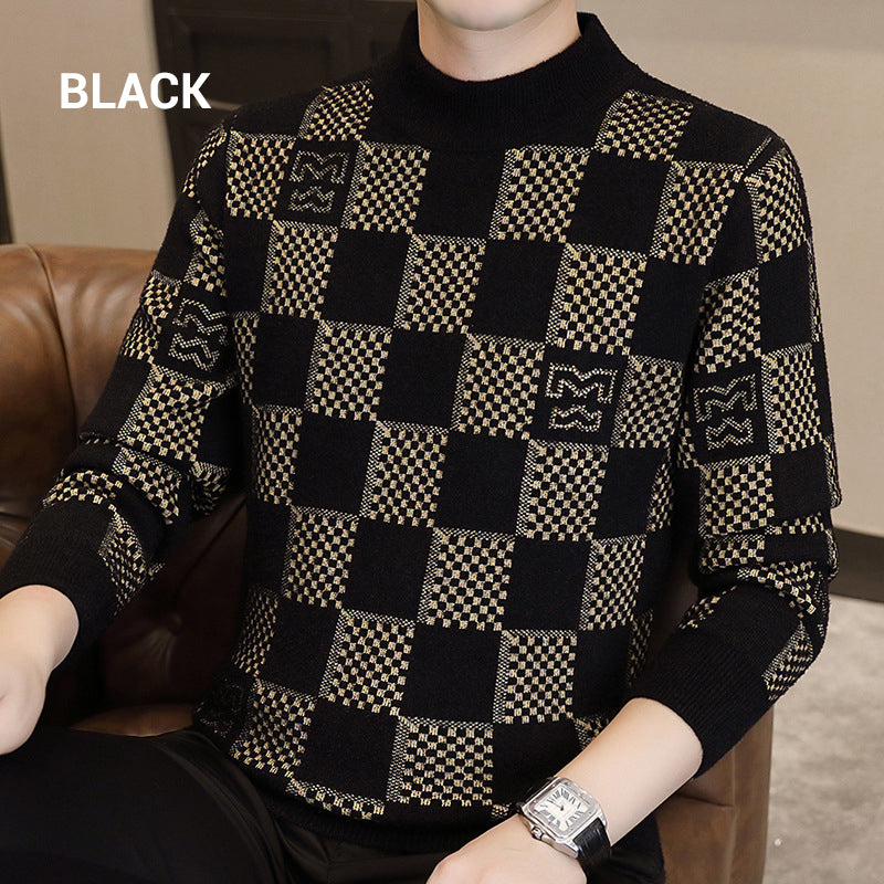 🔥New Year Promotion🔥Men‘s Checkered Printed Mock Neck Thickened Pullover Sweater