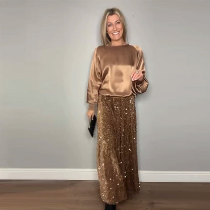 Crew Neck Top & Sequin Maxi Skirt Set