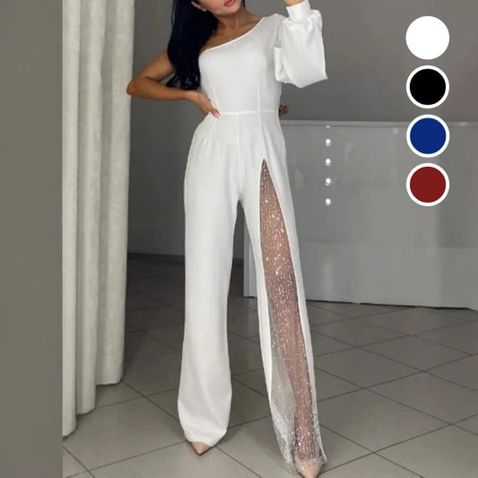 Women's One Shoulder Glitter Mesh Flared Jumpsuit