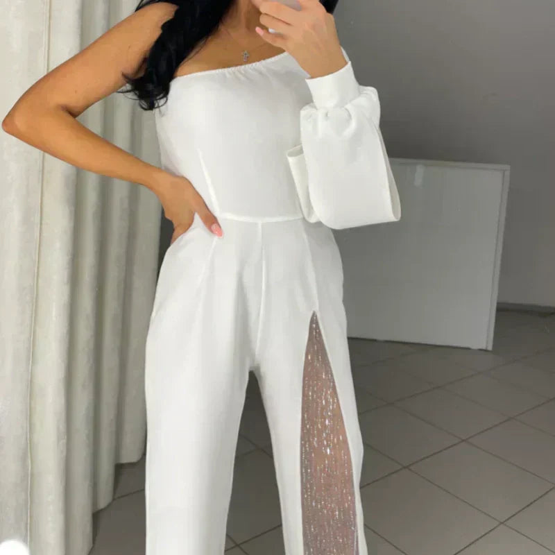 Women's One Shoulder Glitter Mesh Flared Jumpsuit