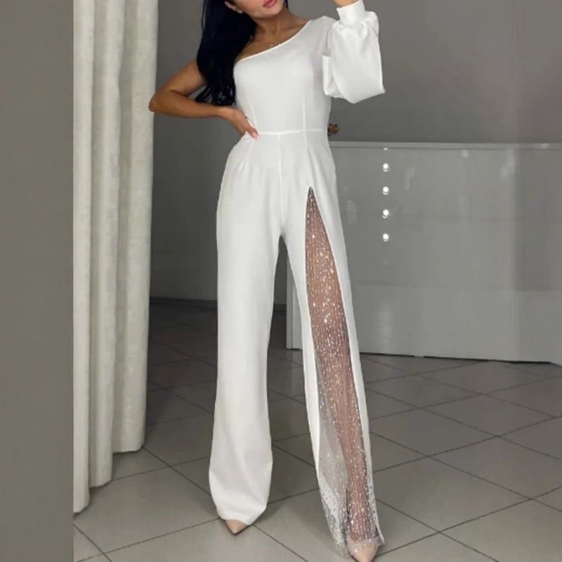 Women's One Shoulder Glitter Mesh Flared Jumpsuit