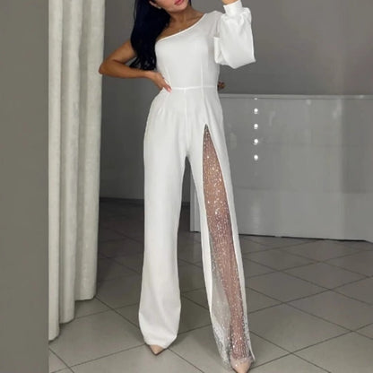 Women's One Shoulder Glitter Mesh Flared Jumpsuit