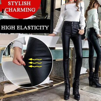 3-button Quilted Matte Leather Leggings for Women